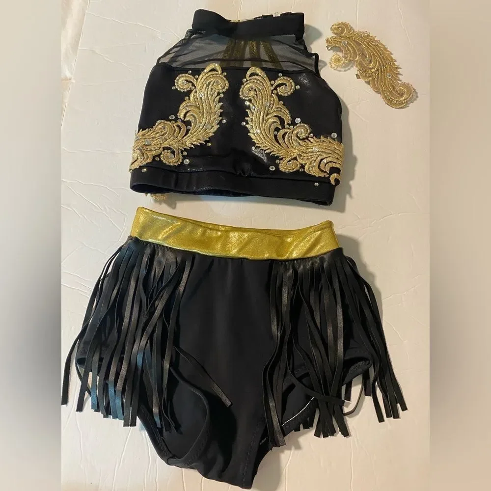 Custom glamorous mature solo dance costume 2 piece leather fringe black MC LC